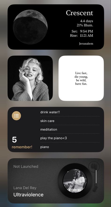 Classy Widget Ideas, Dark Feminine Homescreen, Dark Iphone Aesthetic, Iphone Home Screen Layout Minimalist, Phone Inspiration Layout, Widget Inspo Aesthetic, Phone Aesthetic Ideas, Iphone Widget Layout, Simple Phone Layout