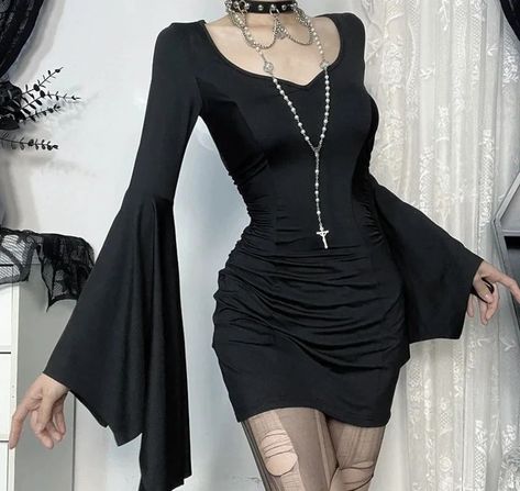 Goth Dresses Short, Gothic Short Dress, Alt Dresses, Mini Dress Elegant, Bat Wing Sleeves, Wings Dress, Wing Sleeves, Bat Wing, Dress Aesthetic