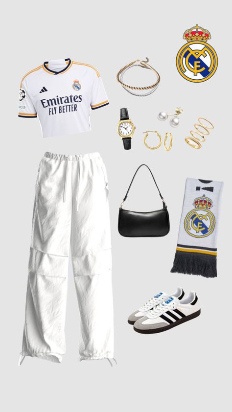 #realmadrid #gameday Madrid Outfits, Real Madrid Jersey, Rich Girl Outfits, Rich Outfits, Madrid Jersey, Football Jersey Outfit, Relaxed Outfit, Jersey Outfit, Women's Costumes