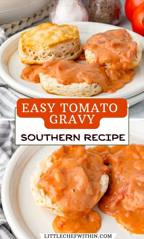 An old-fashioned Southern recipe that turns pantry staples into comfort food gold! Perfect over hot biscuits or mashed potatoes. This creamy tomato gravy is a true taste of the South. Biscuits And Tomato Gravy Recipe, Tomatoes Gravy Recipe, Tomato Roux Sauce, Biscuits And Tomato Gravy, Unique Gravy Recipe, Easy Tomato Gravy Recipe, Easy Tomato Gravy, Homemade Tomato Gravy, Rice And Tomato Gravy