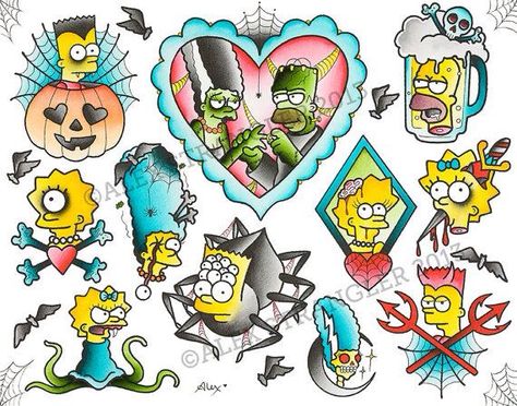 Simpsons halloween flash Neotraditional Rose, Alex Strangler, Halloween Tattoo Flash, Simpsons Halloween, Monster Falls, Simpsons Tattoo, Simpsons Drawings, Flash Sheet, Simpsons Art