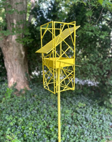 This new bird feeder was built using the smallest of the various cut-off steel pieces inevitably left over from other work. It measure about 20"x10"x10" and will stand upright at about 6 feet tall. The perforated steel I found for the roof was already yellow, so I figured I may as well stick with that. As always, I can finish this and any other painted pieces in just about any color imaginable, but I think it looks great in the original yellow. Welded steel, stainless steel, and enamel. https... Modern Bird Feeders, Erector Set, Modern Birds, I Beam, Bird Seed, Screen Design, Bird Feeder, Modern Garden, Bird Feeders