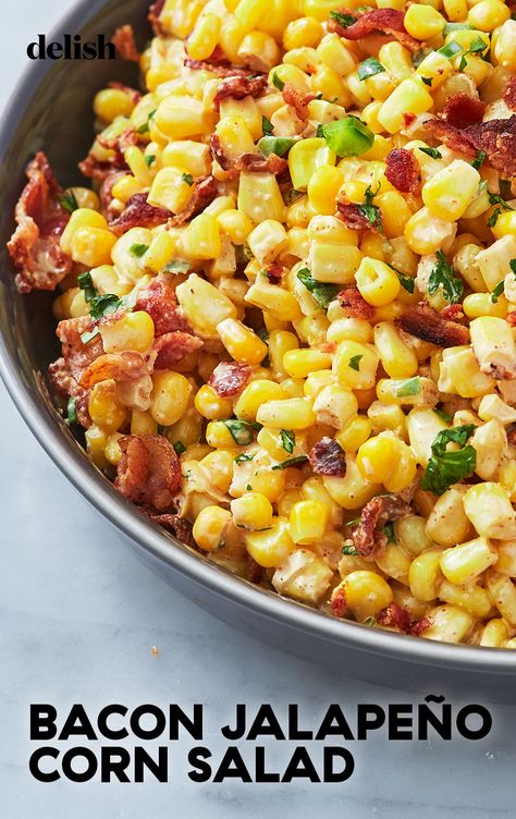 This easy corn salad is the perfect side for a potluck or barbecue. Get the recipe from Delish.com. #bacon #jalapeno #corn #salad #recipe #easy #sides #bbq Bbq Corn Recipe, Bacon Jalapeño Corn Salad, Veggies For Potluck, Corn Salads Recipes, Side Dish For Large Group, Bacon Corn Salad, Corn And Bacon Salad, Side Dishes Corn, Corn Salad With Bacon