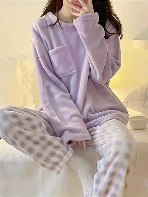 Soft Warm Pajamas Set Comfortable Long Sleeve Pajama Top - Temu Winter Sleepwear, Pijamas Women, Warm Pajamas, Set Outfits, Flannel Pajama Sets, Winter Pajamas, Fleece Pajamas, Estilo Chic, Flannel Pajamas