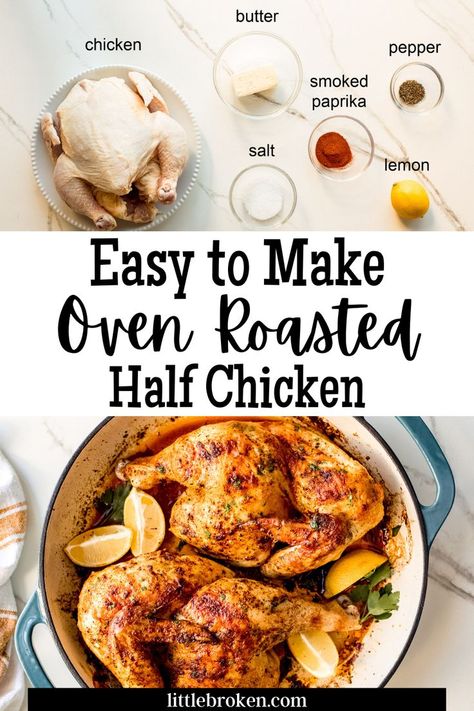 This Easy to Make Oven Roasted Half Chicken requires barely any hands-on time! This makes for an easy and delicious meal. Roasted half chicken is the easiest way to prepare a whole chicken by removing the spine and splitting the chicken at the breast into two halves. Then the chicken halves are roasted until the skin is crispy golden brown and the breast meat is tender and juicy. The pan gravy is perfect for pouring on top of vegetables, over mashed potatoes, or white rice for a complete meal. Roast Half Chicken, Split Breast Chicken Recipes, Oven Roasted Whole Chicken, Chicken Breast Oven Recipes, Split Chicken Breast, Pan Gravy, Over Mashed Potatoes, Perfect Roast Chicken, Cooking Whole Chicken