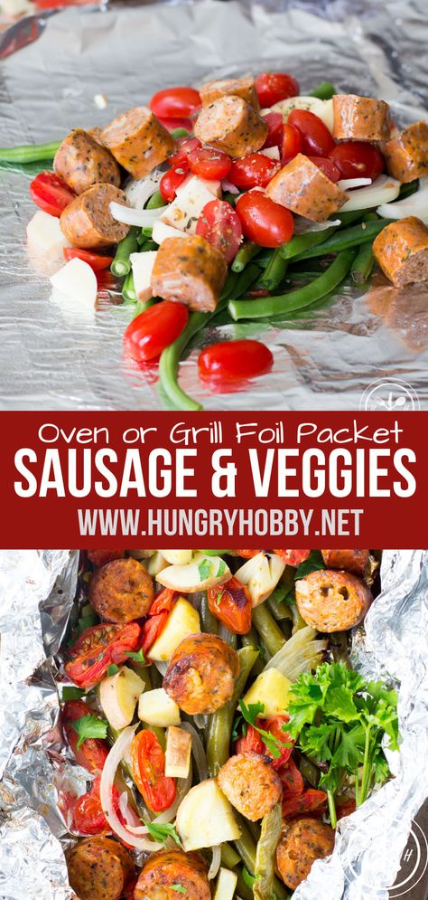 These Italian sausage and veggies foil packets can be made in the oven or on the grill for a mess-free healthy dinner in no time! #dinner #easydinner #glutenfree #foilpackets foil packets for ovens, foil packet meals, foil packets for grill, foil packet dinner chicken Italian Sausage And Veggies, Foil Packet Recipes, Grilled Foil Packets, Sausage And Veggies, Foil Packet Dinners, Foil Pack Meals, Foil Dinners, Foil Packet Meals, Foil Packet