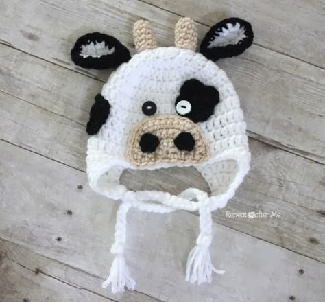 Crochet Cow Hat, Unisex Crochet, Children Hats, Crocheted Cow Pattern, Crochet Character Hats, Crochet Animal Hats, Cow Hat, Crochet Beanies, Repeat Crafter Me