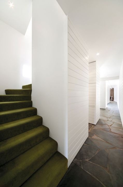 kennedy nolan. carpeted stairs. Green Stairs, Carpet Staircase, Open Trap, Modern Appartement, Escalier Design, Hal Decor, Brown Carpet, Stair Case, White Carpet