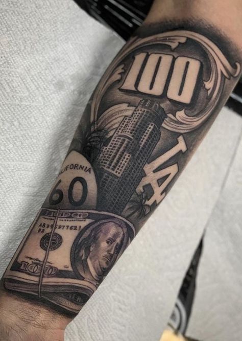 100 Dollar Bill Tattoo Designs, Dollar Bill Tattoo, 100 Dollar Bill Tattoo, Bill Tattoo, Money Tattoos, Dollar Tattoo, Casino Tattoo, Inner Arm Tattoos, Chicano Tattoos Sleeve