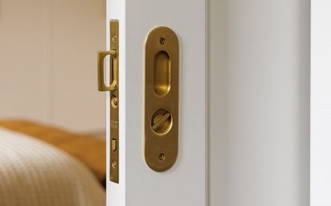 Narrow Oval Pocket Door Mortise Lock | Emtek Pocket Doors Hardware, Pocket Door Lock Ideas, Bathroom Pocket Door, Contemporary Trim, Modern Pocket Doors, Pocket Door Latch, Pocket Doors Bathroom, Double Pocket Door, Pocket Door Pulls