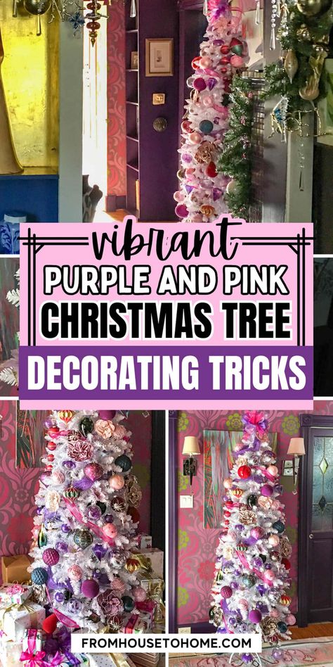 vibrant purple and pink Christmas tree decorating tricks Lilac Christmas Tree, Pink Christmas Tree Ideas, Christmas Tree Purple, Christmas Pictures With Lights, Decorating A Christmas Tree, Elegant Christmas Tree Decorations, Glam Christmas Decor, House To Home, Sewing Room Storage