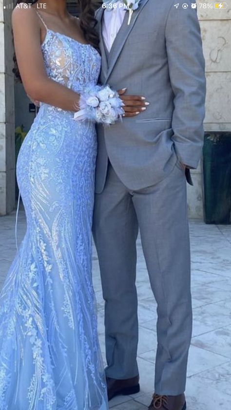 Periwinkle Prom Dress Couple, Light Blue Prom Dress With Date, Light Blue Prom Dress Black Couple, Prom Couples Outfits Blue, Light Blue Prom Couple Outfits, Baby Blue Prom Couple, Light Blue Prom Dress Couple, Light Blue Prom Couple, Blue Silver Prom Dress