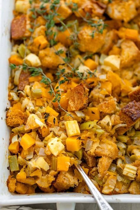 Vegetarian stuffing is perfect to serve with your turkey for Thanksgiving. Made with roasted vegetables and fresh herbs, it is also dairy free and vegan. | Side Dishes | Holiday Dishes | Turkey Stuffing #turkeystuffing #vegetarianstuffing #thanksgivingsidedishes #dairyfreestuffing #eggfreestuffing #feelgoodfoodie Thanksgiving Stuffing Recipes Vegetarian, Vegan Turkey Stuffing, Vegetarian Thanksgiving Stuffing, Vegetarian Dressing Thanksgiving, Stuffing Recipes Vegetarian, Vegetarian Stuffing Recipes, Vegetarian Stuffing Thanksgiving, Stuffing Vegetarian, Vegetarian Stuffing Recipe