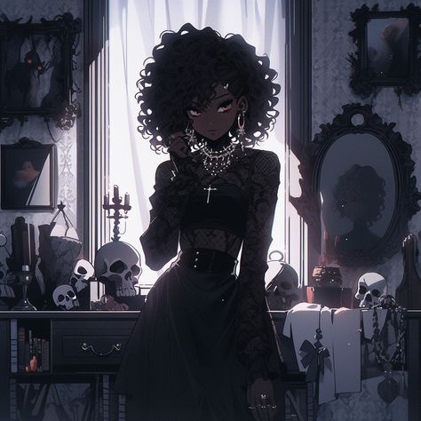 Dark Skin Wallpaper, Bee Woman Art, Afro Goth Aesthetic, Poc Goth, Black Goth Girl, Gothic Girl Art, Afro Goth, Tomboy Art, Black Cartoon Characters