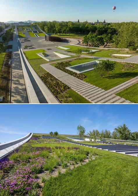 A modern building with a curved green roof includes grass, plants, and steps. Green Roof Architecture, Green Roof Residential, Roof Garden Architecture, Road Architecture, Green Roof Design, Roof Landscape, Extensive Green Roof, Green Roof House, Green Roof Building