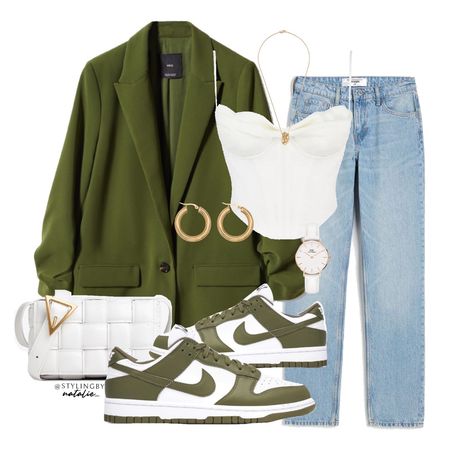 Suit With Dunks Women, How To Dress Up Nike Dunks, Outfit Ideas Dunk Low, Nike Dunks With Blazer Outfit, Green Blazer Looks For Women, Green Birthday Outfit Women, Dunks And Blazer Outfit, Green Nike Dunks Outfit Woman, Olive Green Nike Dunks Outfit