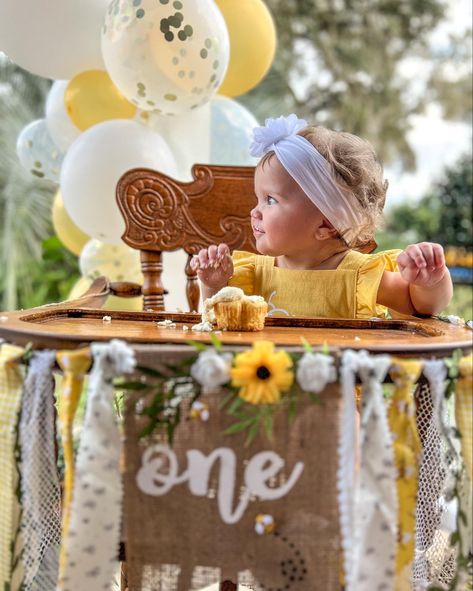 Bumble bee theme first birthday party high chair banner smash cake Sunflower And Bee Birthday Party, Honey Bee One Year Birthday, Our Honey Is Turning One, Sweet To Bee One Birthday Party, Our Little Honey Is Turning One, Bee First Birthday Party Girl, 1st Bee Day Party Ideas Girl, Happy Bee Day First Birthdays, Bee Birthday Party Girl