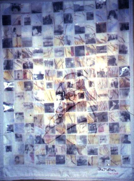 The Mother The Child 1988 cut up watercolour painting and family photographs stitched to damask, overlayed with ink drawing on sheer organza Cut Up, Life Time, Art Quilts, Ink Drawing, Watercolour Painting, Family Photographer, Hand Stitching, Damask, Photo Wall