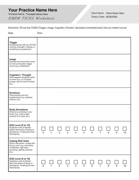 An EMDR TICES (Trigger, Image, Cognition, Emotion, Sensation) worksheet can help your clients track incidents that trigger them. Our EMDR TICES Worksheet (Editable, Fillable, Printable PDF) is perfect for counselors, psychologists, psychiatrists, social workers, therapists, and other mental health professionals.  This EMDR TICES Worksheet can be downloaded and used with all your clients, giving them the ability to fill it out on a digital device or print it out. This template is part of the EMDR Worksheets Bundle Emdr Cheat Sheet, Emdr Worksheets, Emdr Tools, Place Worksheet, Distress Tolerance Worksheets, Coaching Worksheets, Existential Therapy, Coping Skills Worksheets, Couples Therapy Worksheets