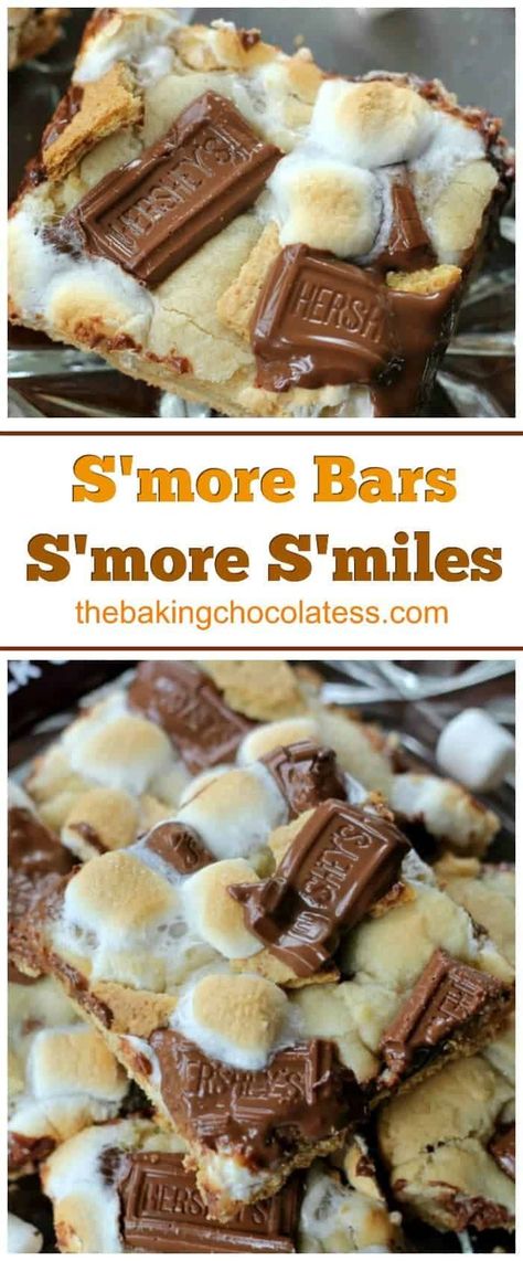 S'more Bars = S'more S'miles - Delicious combination of rich milk chocolate bar chunks, bits of graham cracker and melty, toasted gooey marshmallows baked in cookie dough with a graham cracker crust as well. #smores #marshmallow #campfire #toastedmarshmallow #bars #cookies #graham cracker Bbq Treats Desserts, S’mores Bars With Graham Crackers, Smores Sheet Pan, Gram Cracker Marshmallow, Best Smores Bars, Easy Smores Dessert Simple, Smores Chocolate Chip Cookie Bars, Smores Cracker Candy, Gooey Smores Bars