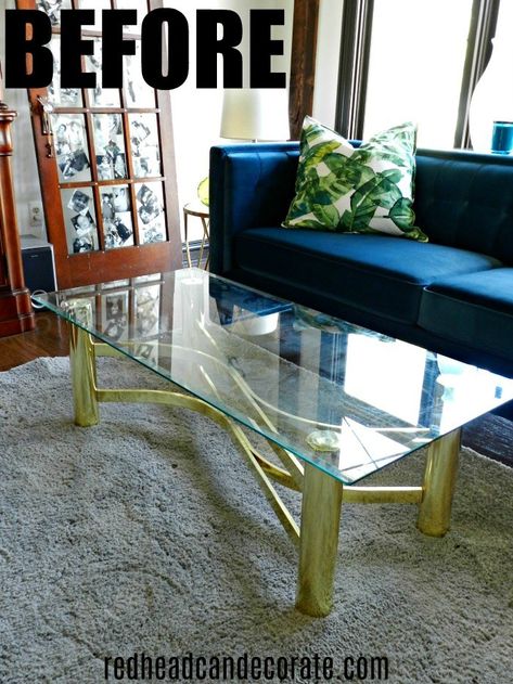 Thrifty vintage brass & glass coffee table gets a modern day makeover with this one simple step... Glass Table Diy Makeover, Glass Tabletop Makeover, Brass Glass Coffee Table, Glass Table Top Makeover, Glass Top Coffee Table Makeover, Diy Glass Coffee Table, Glass Table Makeover, Glass Table Redo, Glass Coffee Table Makeover