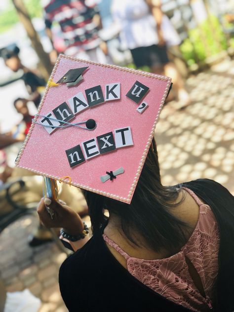 Thank u next graduation cap. Thank U Next Graduation Cap, Graduation Cap Designs 8th Grade Girl, Ariana Grande Graduation Cap, Senior Caps, Diy Caps, College Grad Cap Ideas, High School Graduation Cap, College Graduation Cap Decoration, Grad Hat