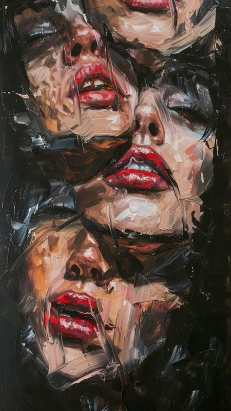 Painted Wallpaper Iphone, Woman Aesthetic Wallpaper, Red Lips Painting, Lip Painting, Rennaissance Art, Layered Art, Three Women, Creative Painting, Ethereal Art