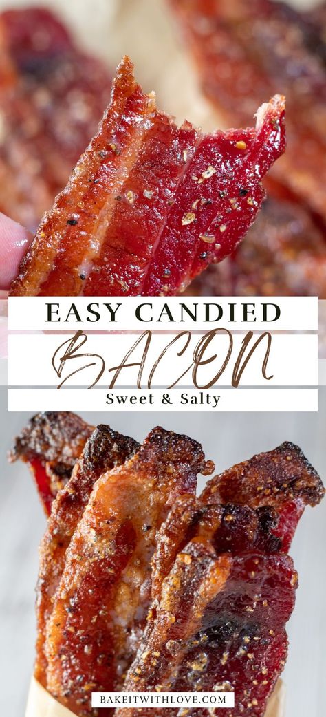 Candied bacon is the perfect salty and sweet treat to add to any of your favorite brunch recipes, use as a garnish, or snack on by itself! Thick-cut bacon is lightly seasoned and then coated with brown sugar that melts down in the oven! It's so delicious that you will start adding it to everything! BakeItWithLove.com #bakeitwithlove #candiedbacon #bacon #brunch #snack #garnish Best Candied Bacon, Bacon Brunch, Candied Bacon Recipe, Easy Bacon Recipes, Bacon Treats, Bacon Seasoning, Salty Sweet Snacks, Brown Sugar Bacon, Brown Sugar Recipes