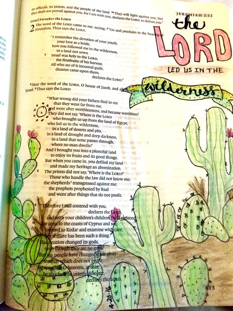 Jeremiah 2:6 The Lord led us Wilderness Jeremiah Bible Journaling, Jeremiah 2, Bible Doodles, Faith Art Journaling, Prayer Journaling, Faith Journaling, Bible Journaling Ideas Drawings, Bible Journal Notes, Journaling Bible