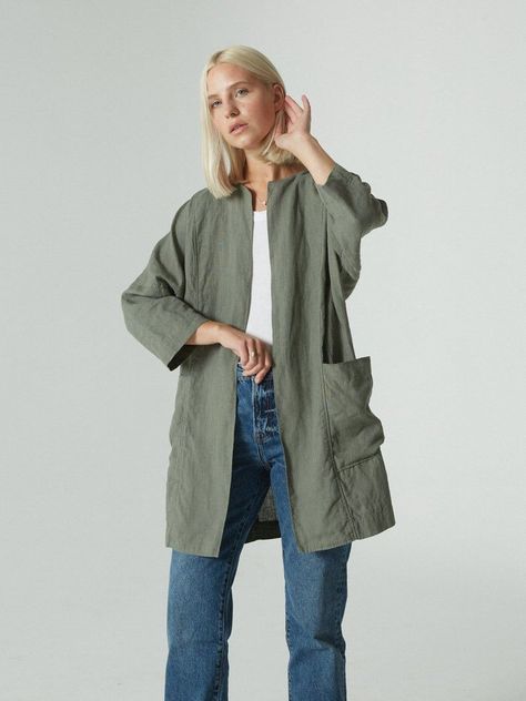 f337d999d9ad116a7b4f3d409fcc6480desc39778097ri Linen Coat, Linen Cardigan, Linen Jackets, Womens Jackets, Linen Jacket, Pine Green, Linen Style, Linen Dresses, Lithuania