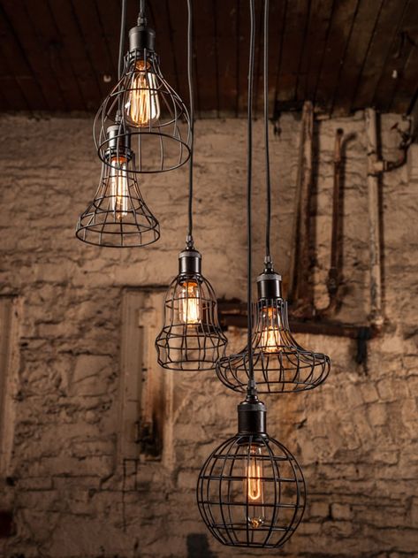 Cluster of five cage pendants Stairs Hallway Ideas, Wood Basement, Stairs And Hallway Ideas, Hall Lights, Types Of Lights, Kitchen Feature, Battle Cruiser, Stairs Hallway, Catering Design