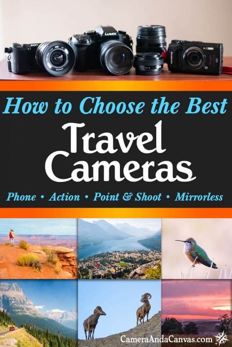 How to choose the best travel camera for you! There are so many: Phone cameras, action cameras, point and shoot cameras, superzoom cameras, mirrlorless cameras and lenses. What's the best lens for travel? This article gives you guidance on picking out the best digital cameras for traveling! Best Point And Shoot Camera, Best Travel Camera, Camera Vlogging, Best Cameras For Travel, Digital Camera Tips, Best Digital Camera, Travel Camera, Landscape Photography Tips, Vlogging Camera