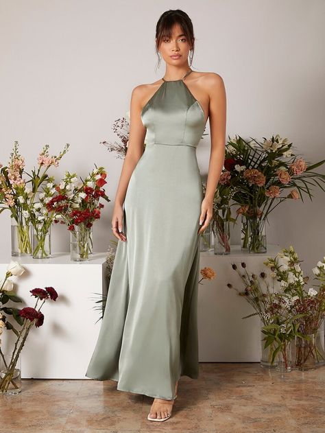 SHEIN Halter Neck Backless Satin Bridesmaid Dress | SHEIN USA Hairstyles For Halter Dress, Halter Dress Hairstyles, Dress Braidsmaid, Bridesmaid Dresses Canada, Halter Neck Bridesmaid Dresses, Silk Bridesmaid Dresses, Satin Halter Dress, Bridesmaid Satin, Bridesmaid Dresses Satin