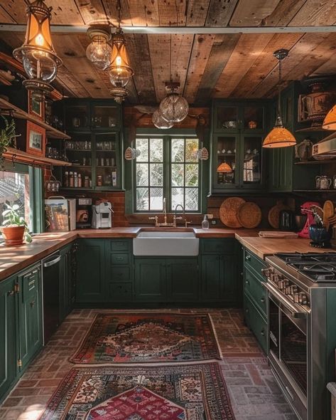 Midevil House Decor, Hobbit Home Inspiration, Ghibli Inspired House Interior, Scotland Home Decor, Witch Kitchen Art, Boho Green Kitchen Cabinets, 1880s Home Interior, Arts And Craft Style Decor, Hobbitcore Interior