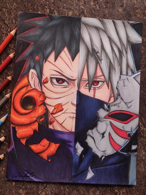 Anime Drawing Coloured, Kakashi Painting, Drawing Obito, Obito X Kakashi, Obito Kakashi, Kakashi Drawing, Kakashi Obito, Minion Drawing, Naruto Painting