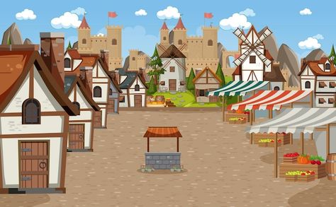 Medieval town scene with market place | Premium Vector #Freepik #vector #old-village #village-house #village-background #cartoon-village Market Background, Town Background, Gacha Background Old Village, Cartoon Village, Market Cartoon, Cartoon Background Images, Town Cartoon, Cartoon House Animation, Indian Village Cartoon Background