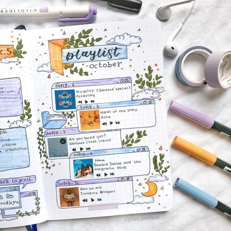 Music Bujo Playlist Spreads That Will Beautify Your Journal - KAYNULI Music Bujo, Bujo Playlist, خريطة ذهنية, Journal Weekly, Bullet Journal Ideas Templates, Music Journal, Creating A Bullet Journal, Bullet Journal Paper, Bulletin Journal Ideas