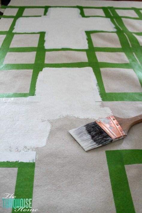 DIY Painted Drop Cloth Rug | TheTurquoiseHome.com Drop Cloth Painting, Painting Drop Cloth, Painted Drop Cloth, Drop Cloth Rug, Large Outdoor Rugs, Area Rugs Diy, Canvas Drop Cloths, Paint Drop, Diy Blocks