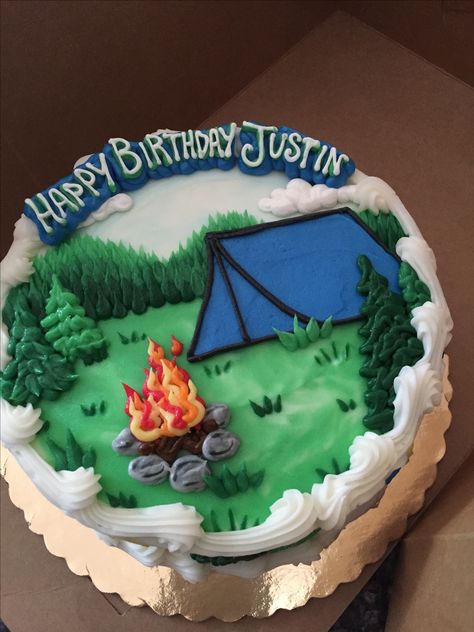 Camp theme birthday cake. Credit given to Concord Tea Cakes for creating a gorgeous themed camping cake. Camping Sheet Cake Ideas, Campfire Theme Cake, Camping Cake Decorating Ideas, Outdoors Cake For Men, Camping Sheet Cake, Camping Cake Design, Camping Cake Ideas For Men, One Happy Camper Sheet Cake, Camping Themed Birthday Cake