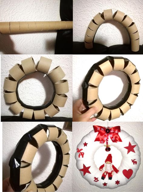 Diy Cardboard Tubes Ideas, Cardboard Christmas Wreath, Cardboard Wreath, Cardboard Wreath Form, Cardboard Tube Crafts, Christmas Corner, Cardboard Christmas, Make A Wreath, Door Wreaths Diy