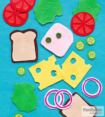 After they assemble the ingredients, short-order chefs can mix and match to build the perfect sandwich.                  Bread: Cut a slice shape from brown felt, then a slightly smaller one from tan felt. Attach them with tacky glue.                  Lettuce: Use pinking shears to cut a lettuce leaf from green felt. Add veins with green dimensional fabric paint.                  Tomato: Cut out 6 or 7 pizza-slice shapes from red felt. Glue them to a circle of darker red felt. Add dots with ... Felt Food Ideas, Felt Crafts Kids, Easy Felt Crafts, The Perfect Sandwich, Perfect Sandwich, Felt Food Diy, Felt Craft Projects, Felt Boards, Felt Stories