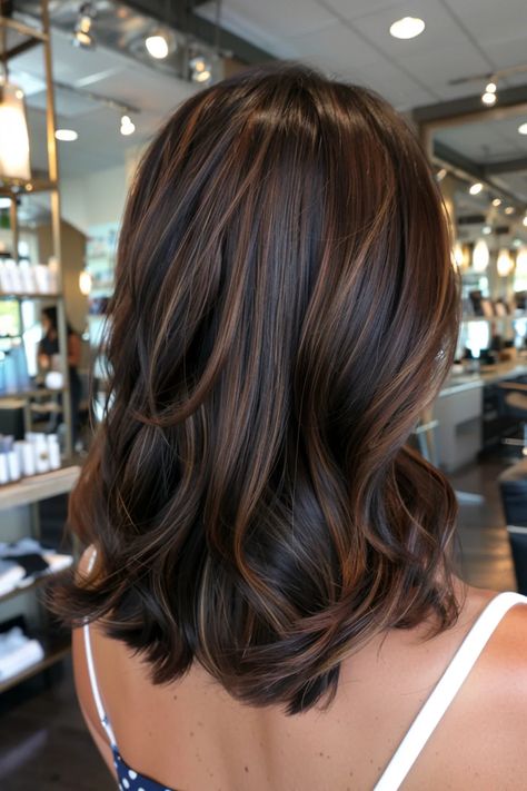 Brown Black Balayage Hair, Medium Brown With Dark Lowlights, Dark Hair Fall Highlights, Coloring Dark Brown Hair, Brown On Brown Highlights Brunettes, Dark Brown Hair With Toffee Highlights, Dark Hair Fall Colors, Autumn Lowlights For Brunettes, Dark Brown With Red Lowlights