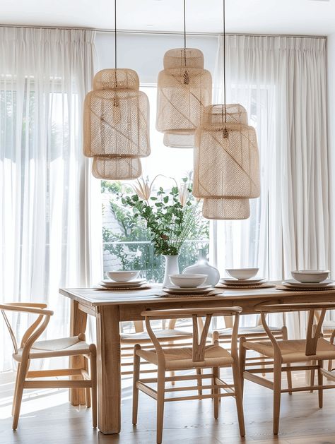 Boho Dining Room Designs: Bamboo Light Fixtures and Sheer Curtains Bohemian Style Furniture, Boho Dining Room, Contemporary Villa, Furniture Packages, Scandinavian Furniture, Dining Room Design, Room Chairs, Cozy Living, Marbella