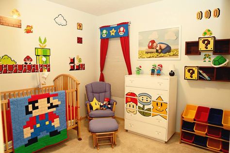 This is the Super Mario nursery I designed for my son. My sister painted the dresser, my mom made the quilt and I had someone build/paint the brick bookcases. It turned out pretty awesome! Video Game Nursery, Video Game Theme Nursery, Nintendo Nursery, Mario Nursery, Mario Nursery Theme, Super Mario Kids Room, Modern Mario Bedroom, Subtle Mario Bedroom, Super Mario Nursery