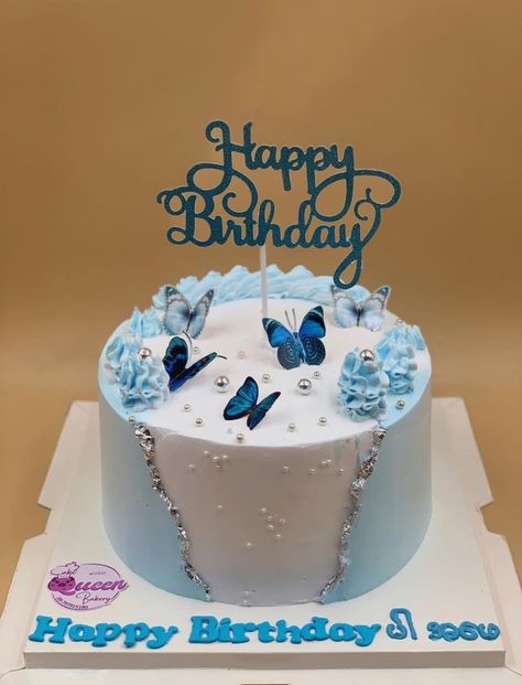 Cake Designs 14th Birthday, Light Blue Cake Birthday, Modern Buttercream Cake Design, Simple Cake Designs Birthday, Blue Butterfly Cake, Butterfly Cake Design, Crazy Birthday Cakes, Modern Birthday Cakes, 14th Birthday Cakes