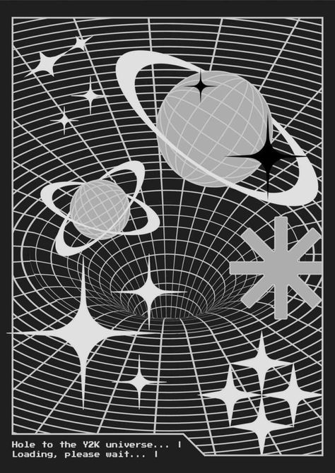 Trendy Y2K poster with 3d vector tunnel, planets, symbols and stars. Vertical banner in 2000s vintage aesthetic. Planets Symbols, 3d Tunnel, Y2k Poster, Vertical Banner, Vintage Banner, 3d Vector, Y2k Wallpaper, 2000s Vintage, Aesthetic Vintage