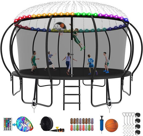 Enjoy boundless fun with our ASTM-approved trampoline designed for kids aged 7-10. This recreational trampoline comes complete with exciting features: built-in lights for evening play, a refreshing sprinkler system for hot days, and a basketball hoop for active games. Includes safety socks and a sturdy ladder for easy access. Perfect for backyard adventures, ensuring hours of safe and enjoyable bouncing for children and adults alike. Trampoline Ladder, Outdoor Trampoline, Kids Trampoline, Basketball Net, Basketball Hoops, Backyard Play, Backyard Games, Friday Night Lights, Basketball Hoop