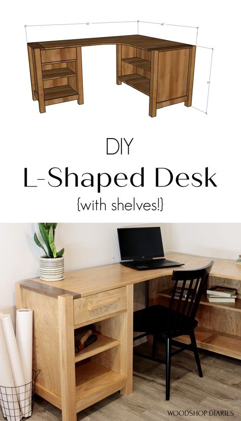 Pinterest collage image with 3D diagram of desk and actual desk set up in office Desk Build Plans, Rustic L Shaped Desk, Diy L Desk With Storage, L Shape Desk Plans, Diy Desk With Shelves, Diy Office Desk L Shaped, L Shape Desk Diy, Diy L Desk, L Shaped Desk Diy