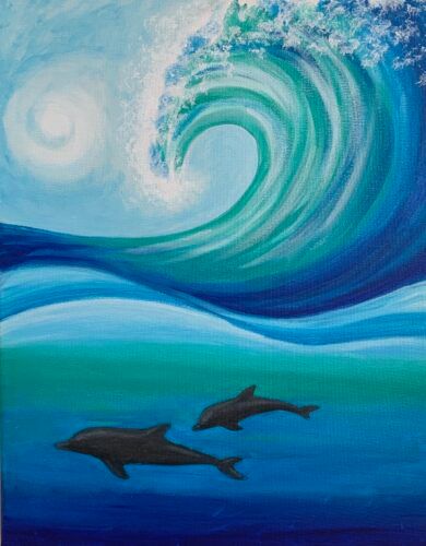 Social Artworking, Ocean Art Painting, Dolphin Painting, Birthday Painting, Dolphin Art, Canvas Painting Designs, Wave Art, Ocean Painting, Painting Gallery