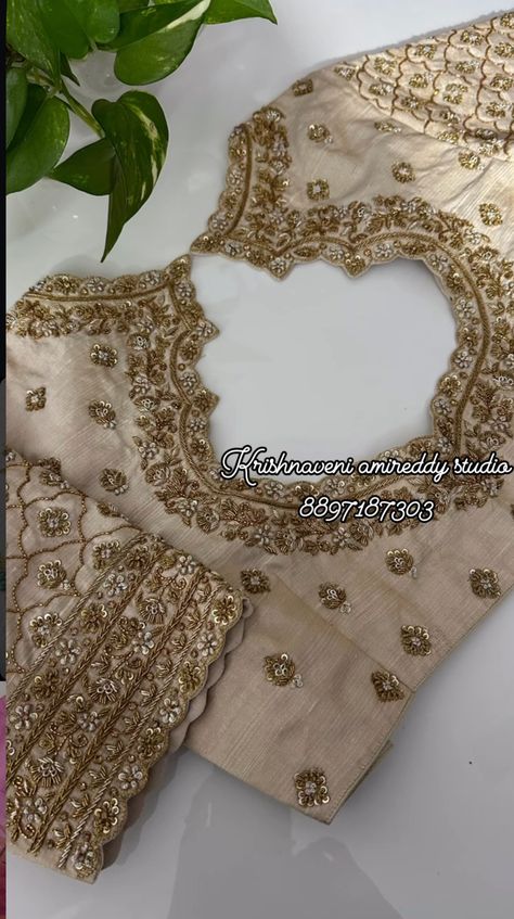 One Side Work Blouse Designs, Stone Work For Blouse, Bridal Blouse Designs Heavy Work Zardosi, Gold Maggam Work Blouse Designs, Handwork Blouse Design, Embroidered Blouses, Blouse Designs High Neck, Latest Bridal Blouse Designs, Blouse Designs Catalogue